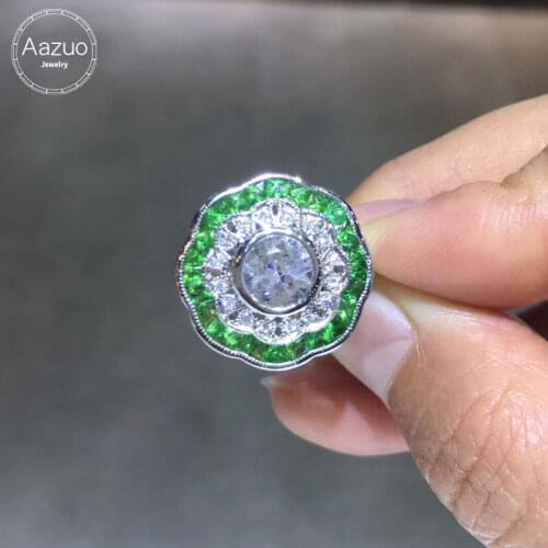 Aazuo Original Real 14K White Gold Natural White Aquamarin Tsavorite Real Diamonds Crassic Flower Ring gifted for Women Au750