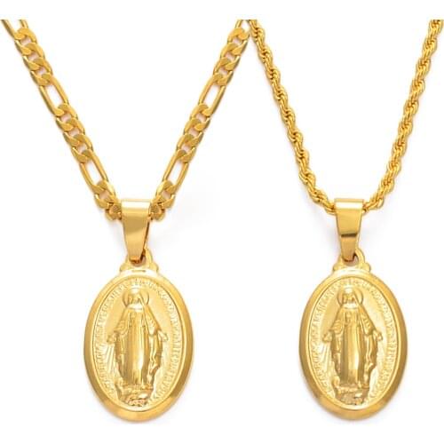 Anniyo Virgin Mary Pendant Rope Necklaces Men Women Gold Color Our Lady Jewelry Wholesale Colar Cross Trendy Chain #006210R