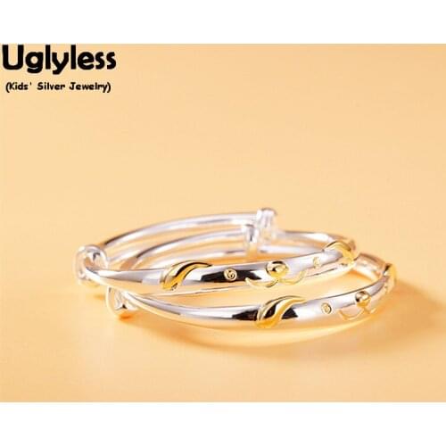 Uglyless 1Pair Real 99.9% Fine Silver Animals Dogs Bracelets for Kids Push-pull Adjustable Glossy Bangles Gifts Fine Jewelry