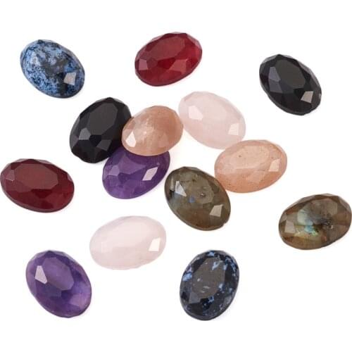 14Pcs Oval Natural Gemstone Cabochon Beads Faceted Flatback Stone 14x10mm for Earring Necklace Bracelet Jewelry Crafts Making