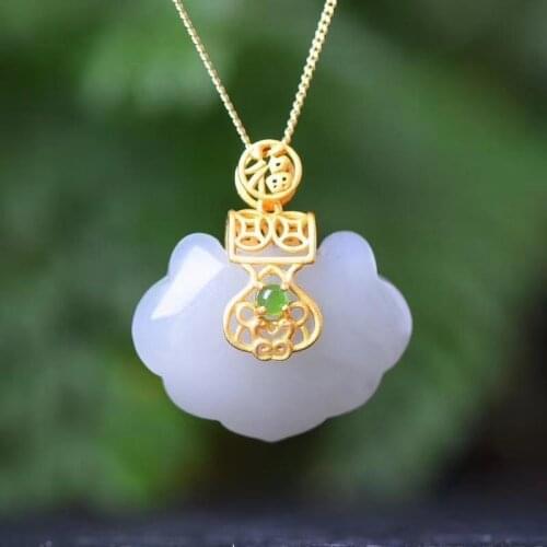 S925 Hetian Jade Qinghai Material Light Smoky Purple Lock of Good Wishes Pendant Ancient Gold Inlaid Jasper