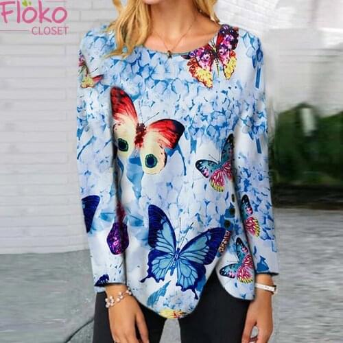 Flokocloset Fashion O-Neck Butterfly Print Irregular Long Sleeve T-shirt Autumn Women Tops Tees Aesthetic Clothes
