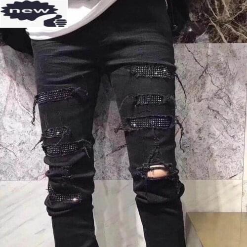 Fashion Black Rhinestone Elastic Jeans Men Vintage Slim Denim Pencil Pants High Street Frayed Ripped Hole Casual Trousers
