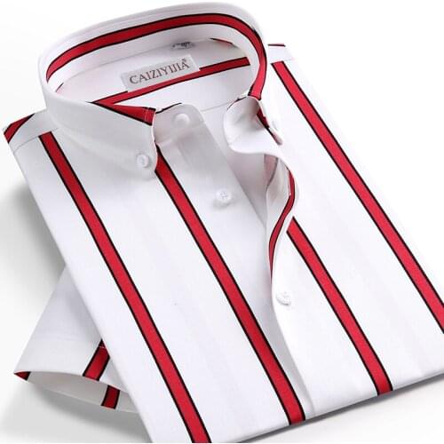 Mens Short Sleeve Block Striped Dress Shirts Pocketless Design Summer Casual Contrast Color Button Down Shirt Male Clothing