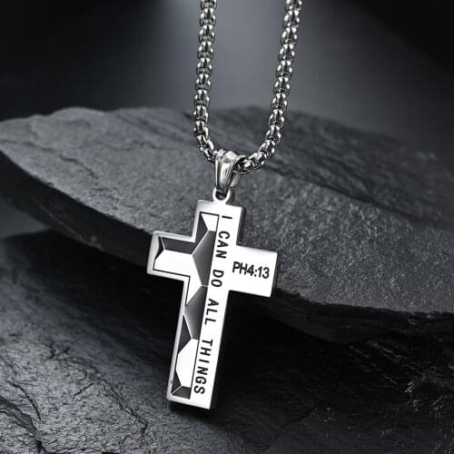Mens Necklace Christian Jesus Cross Philippians 4:13 Crucifix Pendant Scripture Religious Necklaces for Men 24Inch
