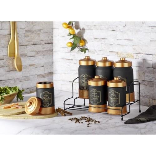 Gold 6 Piece Copper Black Spice Set With Stand Spice Rack Kitchen Accessory Luxury 2021