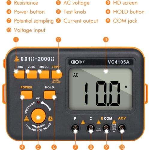 Factory Outlet Digital Earth Ground Resistance Meter VC4105A 20-2000Ω Insulation Resistance Tester 50HZ-200HZ AC Voltage