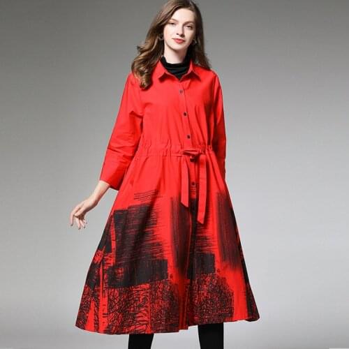 Autumn new fashion womens Nine Quarter Ink printing cotton wind coat Collect waist Large size ladies' Elegant long coats