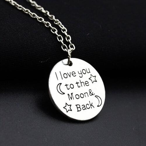 Words "I love you to the moon & back" Simple Metallic Round Sheet Pendant & Necklace for Women