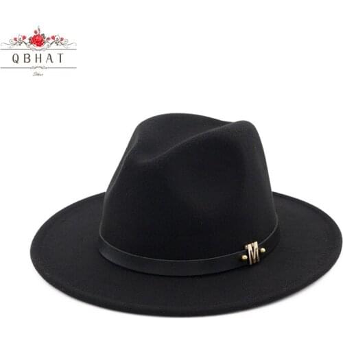 QBHAT Men Women Wool Panama Felt Hat Wide Brim Jazz Fedora Hats Black M Letter Leather Band Decorated Green Hat Trilby cap