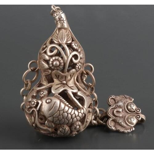 Rare Tibet Silver Copper Chinese Old Carved Statue Gourd Snuff Bottle Netsuke