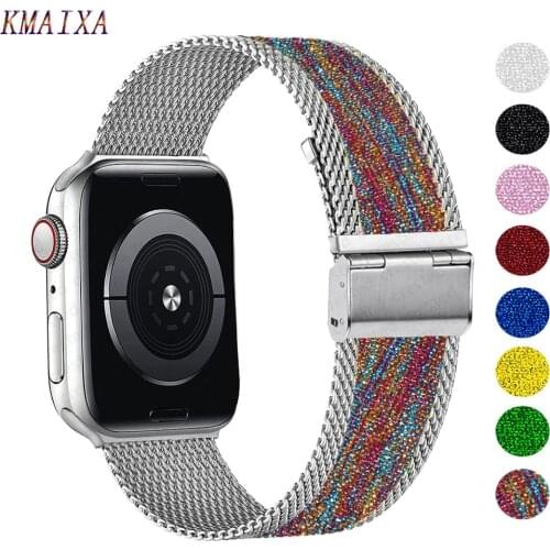 Shiny Strap For Apple watch band 40mm 44mm 38mm 42mm 40 44 mm Soft Elastic Nylon+Magnetic bracelet iWatch serie 3 4 5 6 se band