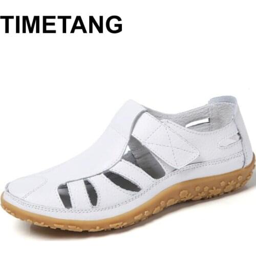 TIMETANGWomen GladiatorSandals Shoes GenuineLeather Hollowout FlatSandals Ladies Casual Soft bottomSummerShoes Women BeachSandal