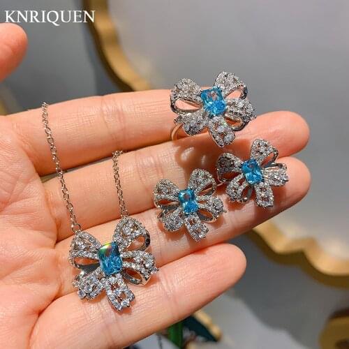 Charms 925 Sterling Silver Aquamarine Gemstone Pendant Necklace Ring Earrings for Women Bowknot Wedding Party Jewelry Sets Gift
