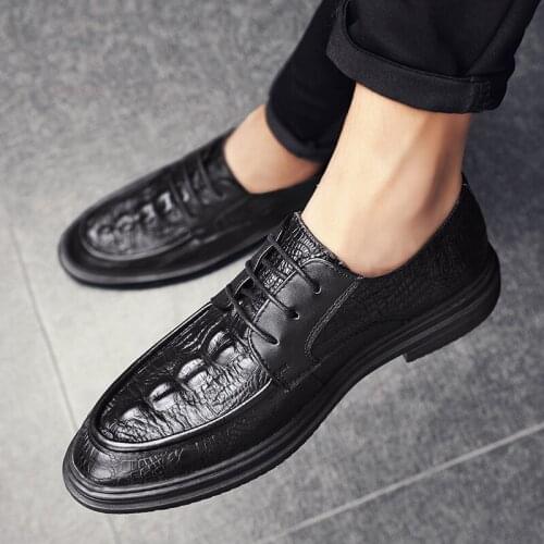 Spring Autumn Mens Leather Thick Soled Crocodile Leather Lace Up Casual Shoes Comfortable Non Slip Business Casual Shoes