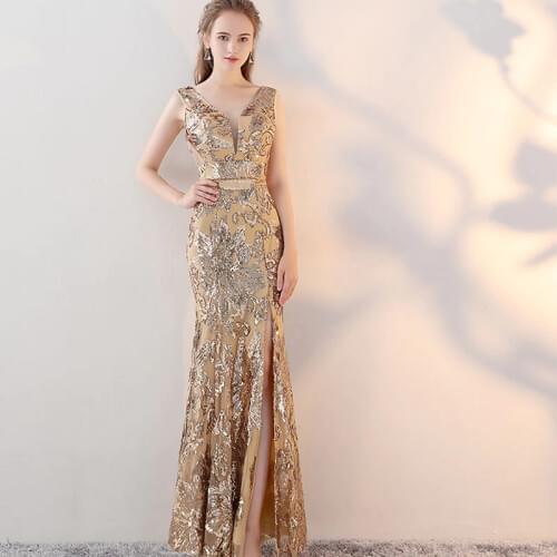 Vintage V-neck Evening Dresses Floor Length Gold Evening Party Dresses Silver Sequins Mermaid Style Front Split Evening Gowns