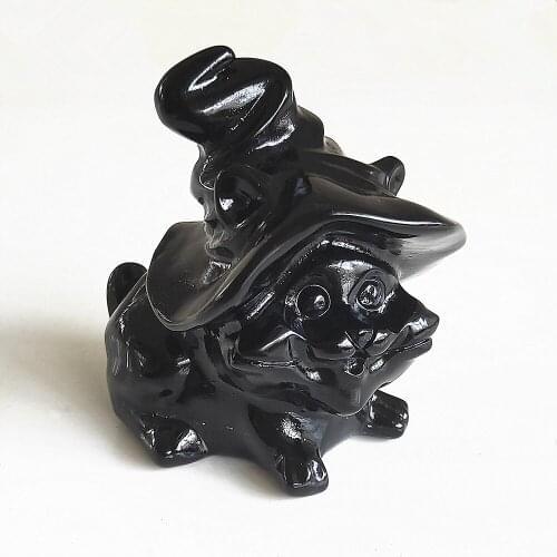 Hand Carved Natural obsidian crystal hamster black quartz mouselet with hat Reiki Healing love Gift