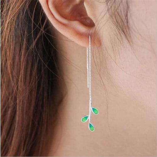Fashion Epoxy Fresh Green Leaf Personality Long Pendant Earrings Line for Women Ladies 925 Sterling Silver Elegant Jewelry SE145