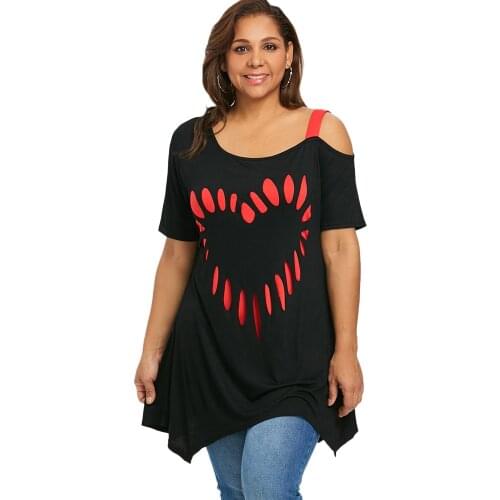 Wipalo Women Summer Casual Irregular Top Plus Size 5XL Short Sleeve Heart Print Tunic T-Shirt Pullover Ladies Skew Neck T-Shirts
