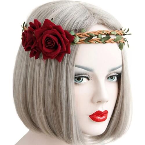Headbands for Women Boho Red Double Rose Flower Vine Hair Garland Wreath Elastic Ribbon Headband Hair Headwrap Bridal Wedding