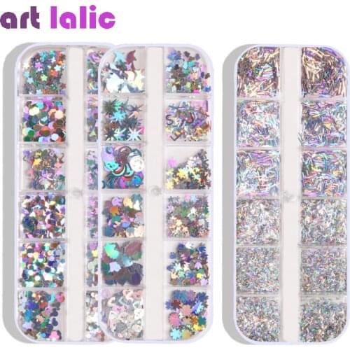 12 Grids/Set Mixed size Nail Glitter Flakes 3D Sequins Paillette Powder Charm Holographic Nail Art Decoration Manicure Tools
