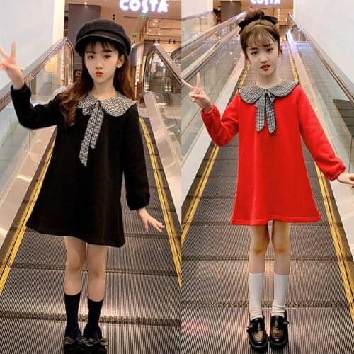 2021 New Fashion Long Sleeve Kids Dresses For Girls Bow Knee Length Cute Princess Dress 4-13Years Childrens clothing Vestidos