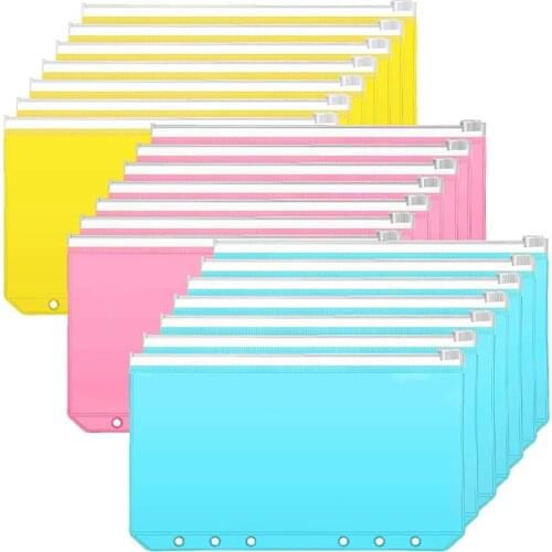 30 Pcs A6 Size Binder Pocket Colorful 6 Holes Loose Leaf Zipper Bag Plastic Binder Zipper Folders Waterproof File Bags