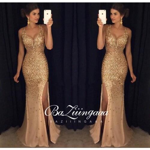 BAZIIINGAAA Luxury Woman Cocktail Dress Beaded Sequins Long Elegant Night Cocktail Party Formal Dresses for Wedding Plus Size