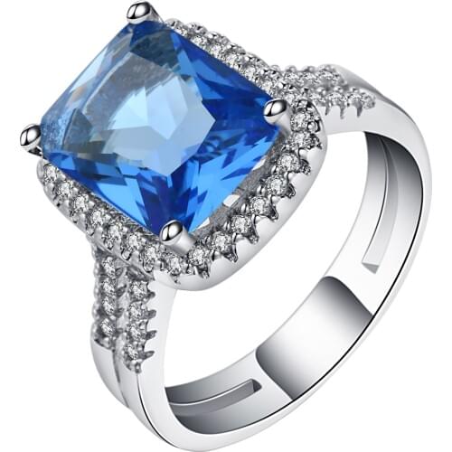 Shining Micro Pave Zircon Blue Ocean Square Style Ring Silver Color Elegant CZ Wedding Bands Engagement Ring For Women Drop Ship