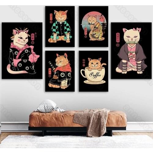Japan Style Canvas Painting Strong and Serious Cats with Japanese Clothes Poster and Print for Home Rooms Gallery Wall Decoratio