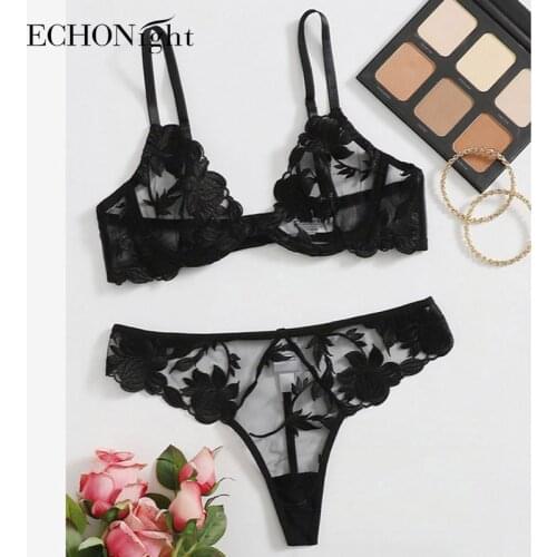Echonight Womens Underwear Set Erotic Lingerie Set Black Erotic Costumes Transparent Hot Sexy Underwear Set Lace Bra Set