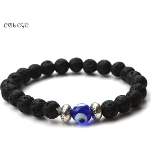 EVIL EYE fashion natural stone volcanics bead chain bracele elastic blue charm strand bracelets for women lucky jewelry