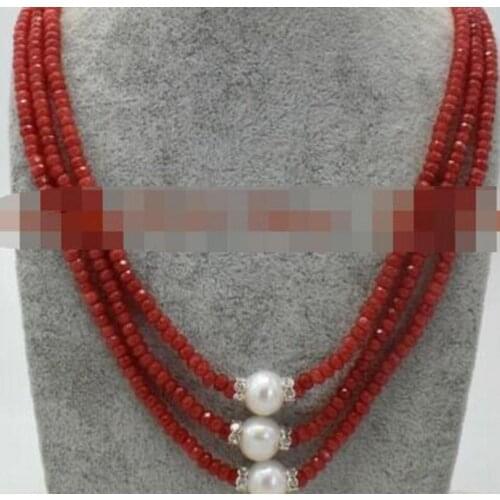 Fashion jewelry 3 Row 2x4mm Faceted Red Ruby Rondelle Gems & 9-10mm White Pearl Necklace 17-19