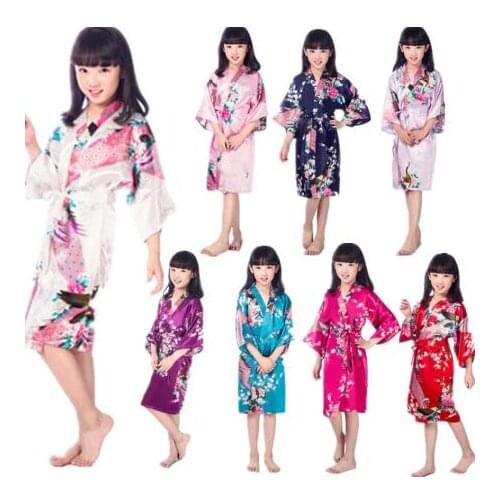 Wholesale Childs Satin Kimono Robes for Girls Kids Floral Sleepwear Peacock Flower Spa Wedding Birthday Nightgown