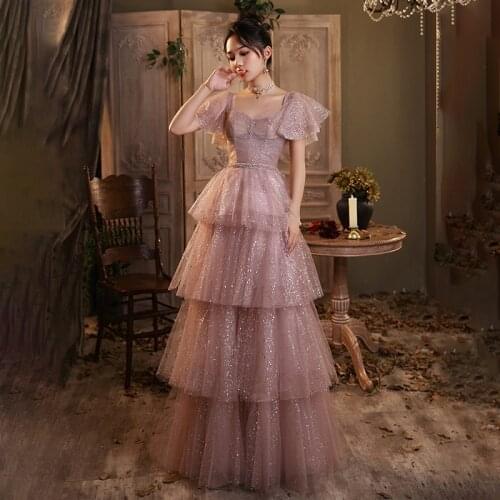 Pink Strapless Evening Dresses Ruched Short Sleeves Plus size A-line Floor-length Tiered New Bling Woman Formal Party Dress A326