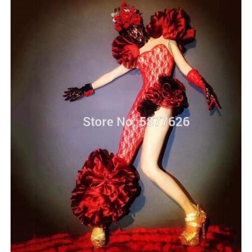 Sexy Women lace Jumpsuit Stretch Dance Headdress Outfit Female Singer Evening Party Prom Celebrate bodysuit