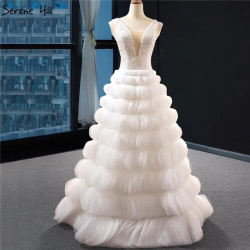 Serene Hill White Deep-V Sexy Handmade Evening Dress 2020 Sleeveless A-Line Tiered Formal Party Wear Gown CHM66931