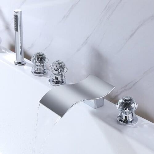 BANGPU Bathtub Faucet With Hand Shower Set 5 Hole Bathroom Faucet Waterfall Tub Filler Deck Mounted In Polished Chrome Finish