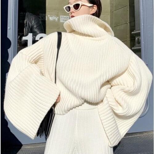 White turtleneck sweater women Flare sleeve women knitted Autumn winter ladies sweaters