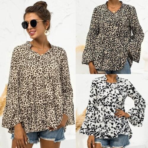 Summer Women T-Shirts Leopard Color Print Flare Long Sleeve Autumn Loose Style V Neck Lace Up Female Blouse C2787