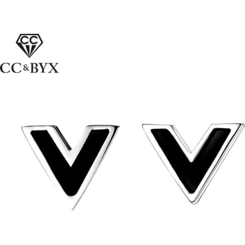 CC S925 sterling-silver-jewelry Stud Earrings For Women Classic Letter "V" Literature Black Color Simple Accessories CCE343