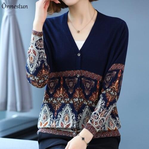 Geometry Print Female Cardigan Autumn Spring Knitted Sweaters Women Korean Style Long Sleeve Tops V Neck Cardigans Women