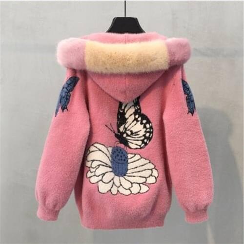 Womens coat loose embroidered thick velvet hooded sweater 2020 Female mink fur jacket autumn and winter womens cardigan