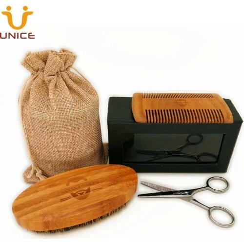 100pcs Custom LOGO Men Beard Care Kit Sandalwood Fine & Coarse Tooth Hair Beard Combs Boar Bristle Beard Brush & Mini Scissors