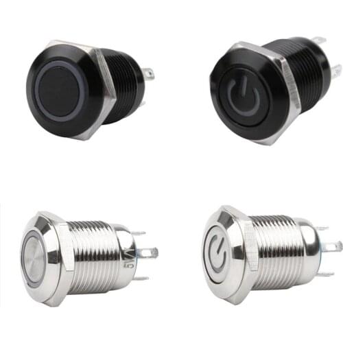 12mm Waterproof Oxidized Black Metal Button Switch with LED Lamp Momentary Latching PC Power Switch 3V 5V 6V 12V 24V 220V