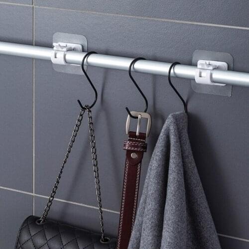 2pcs Nail-Free Adjustable Curtain Rod Holder Clamp Hooks Rod Bracket Holders Adhesive Wall Curtain Fixed Clip Hanging Rack Hook