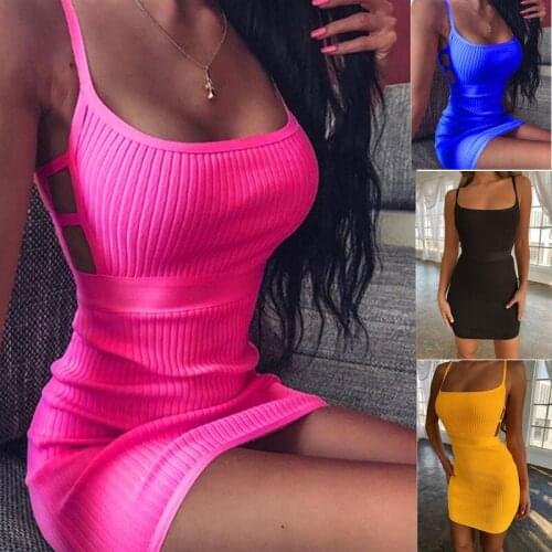 2021 Sexy Women Bodycon Dress Sleeveless O Neck Spaghetti Strap Stretchy Package Hip Short Mini Dress Womens Club Dress Vestido