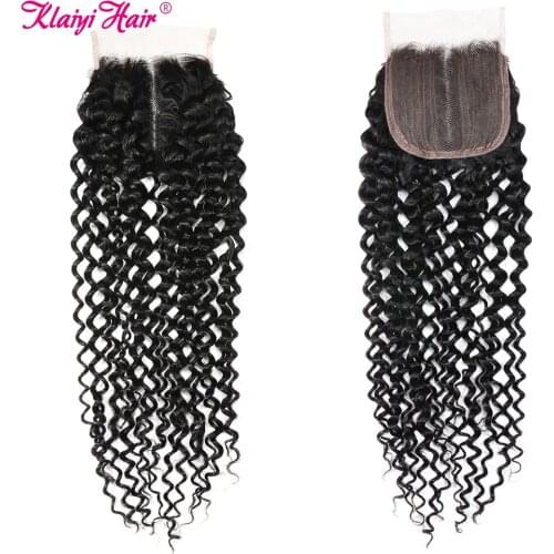 Klaiyi Brazilian Curly Hair Lace Part Closure Remy Human Hair 4x1 T Middle Part Lace Closures Only Natural Color For Black Women