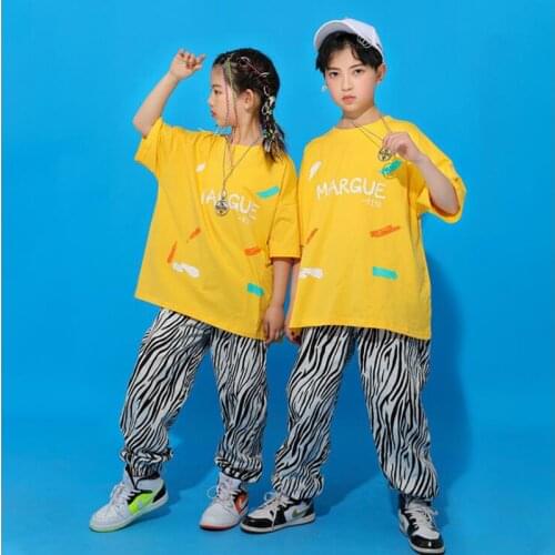Kids Performance Hip Hop Clothing Yellow Tshirt Tops Streetwear Cargo Zebra Pants For Girls Boys Jazz Dance Costume Clothes