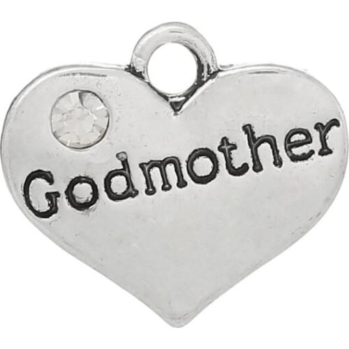 DoreenBeads Retail Charm Pendants Heart Family Silver Color "Godmother"Carved Clear Rhinestone 16mm x 15mm(5/8" x 5/8"),20PCs